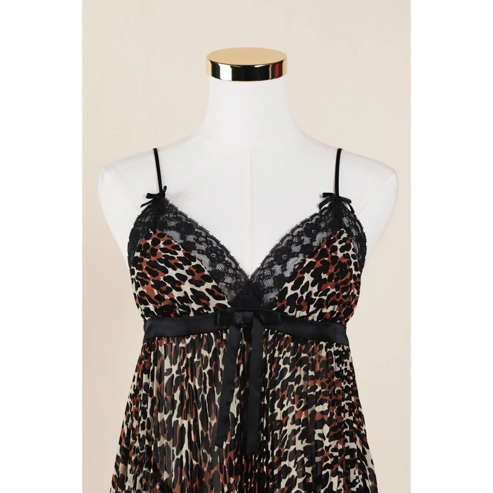Sz M Betsey Johnson Intimates Black Lace Leopard Print Baby Doll Slip Set GUC - Picture 2 of 7